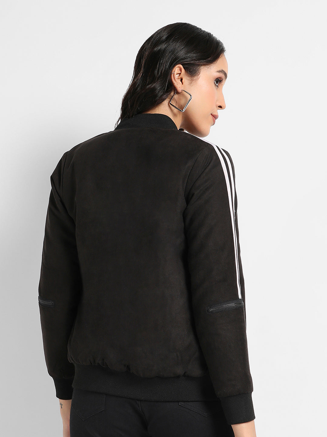 Zip-Front Bomber Jacket With Contrast Striped Sleeves