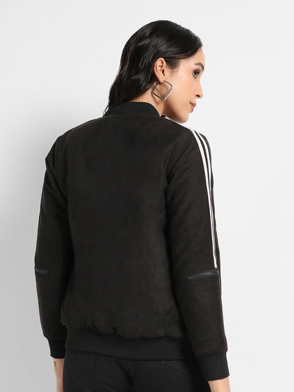 Zip-Front Bomber Jacket With Contrast Striped Sleeves
