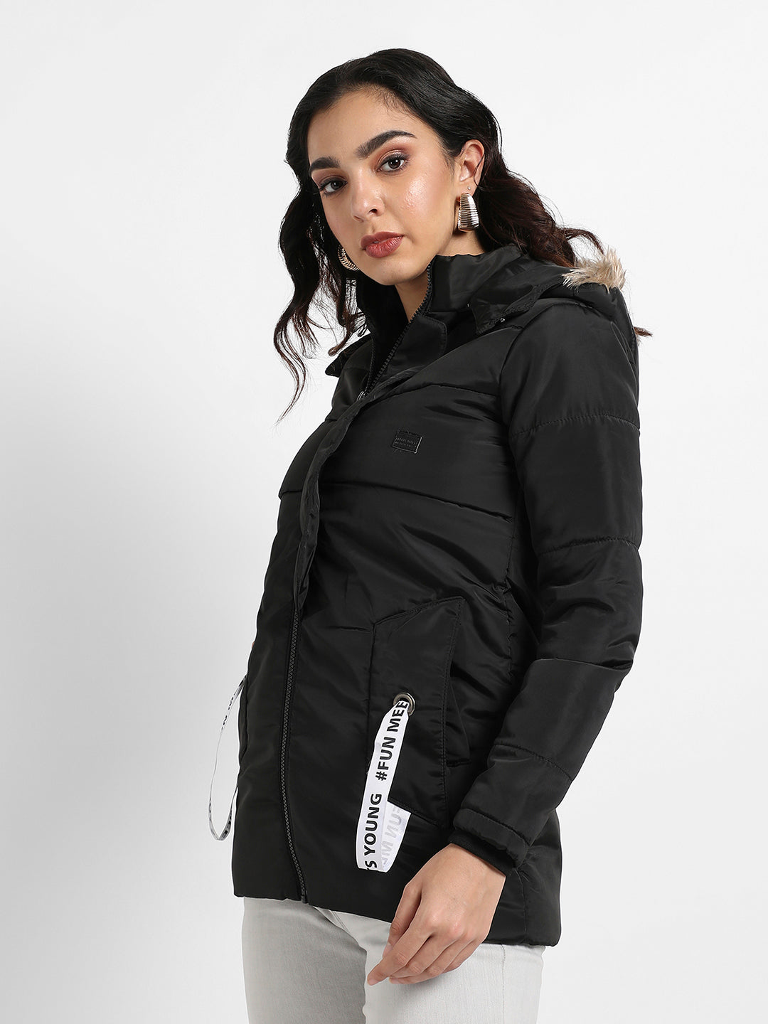 Zip-Front Puffer Jacket With Fur Detail