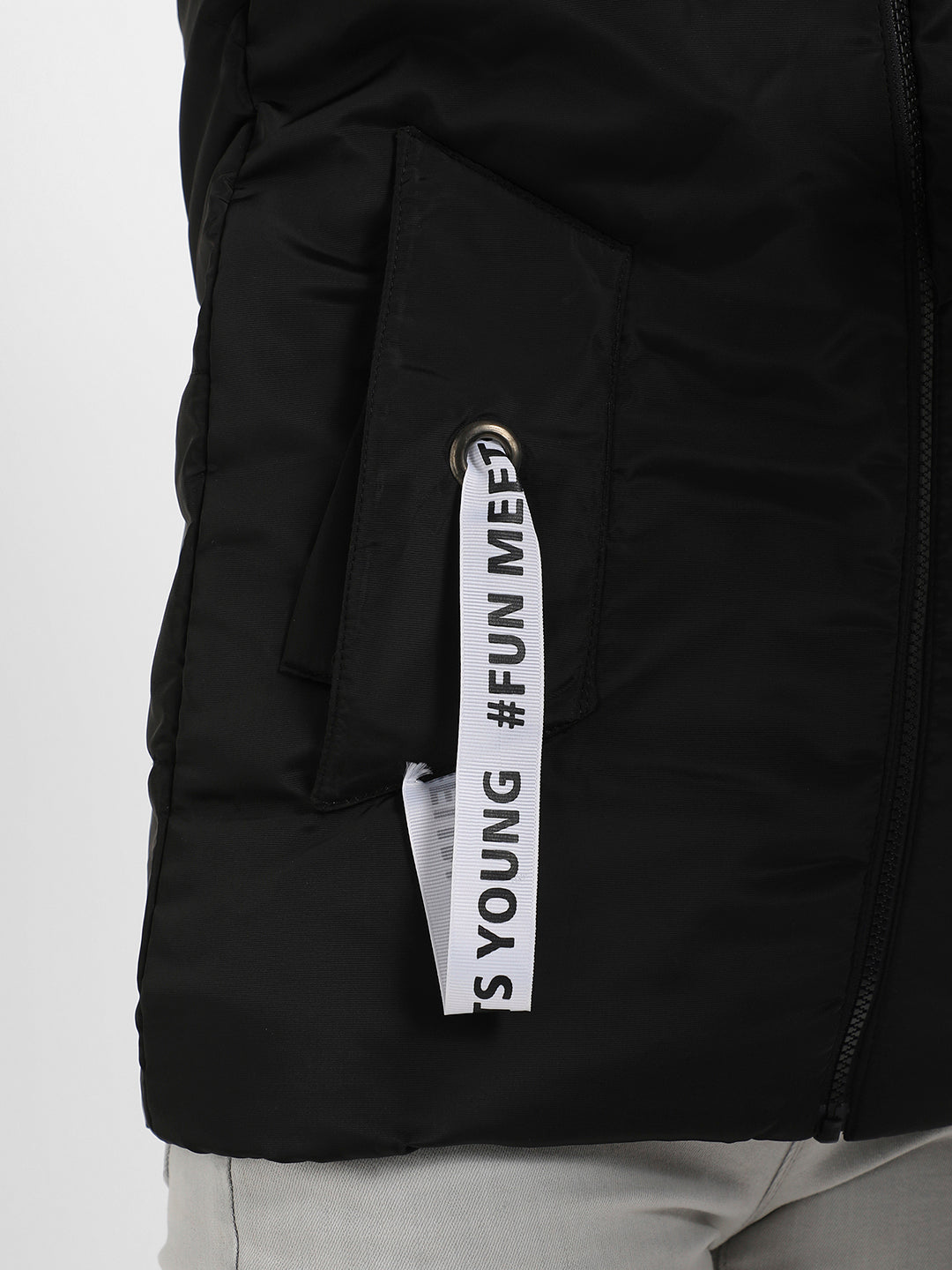 Black Zip-Front Puffer Jacket With Fur Detail