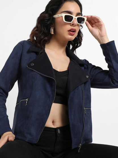 Zip-Front Biker Jacket With Contrast Collar