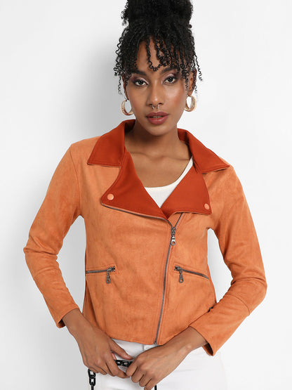 Zip-Front Biker Jacket With Contrast Collar
