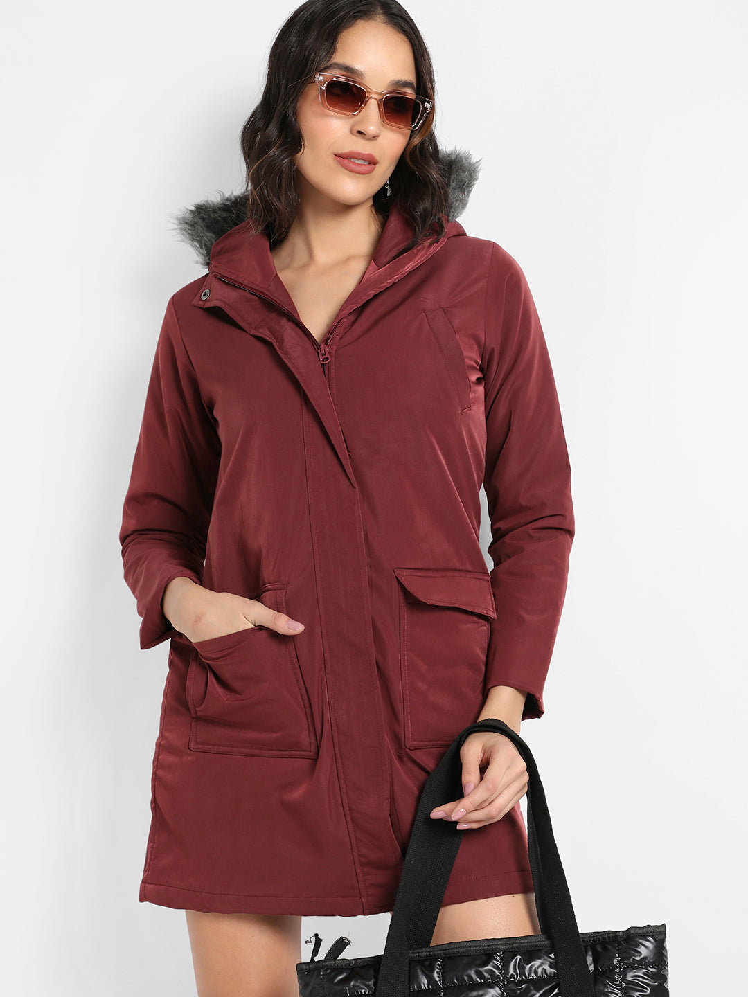 Long Puffer Jacket With Fur Detail