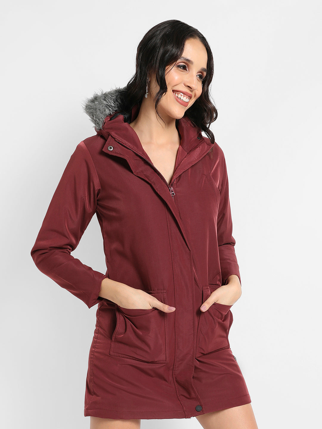 Long Puffer Jacket With Fur Detail