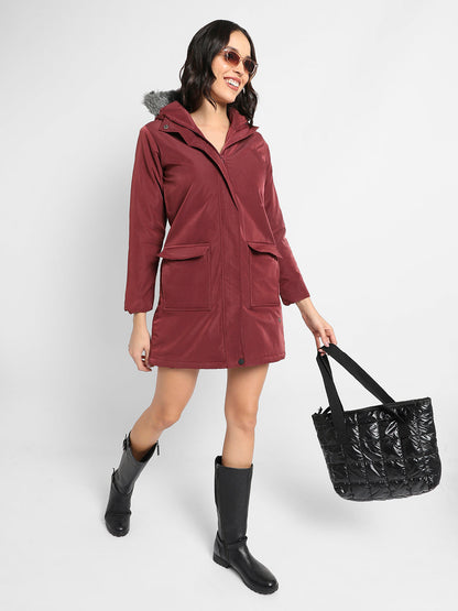 Long Puffer Jacket With Fur Detail