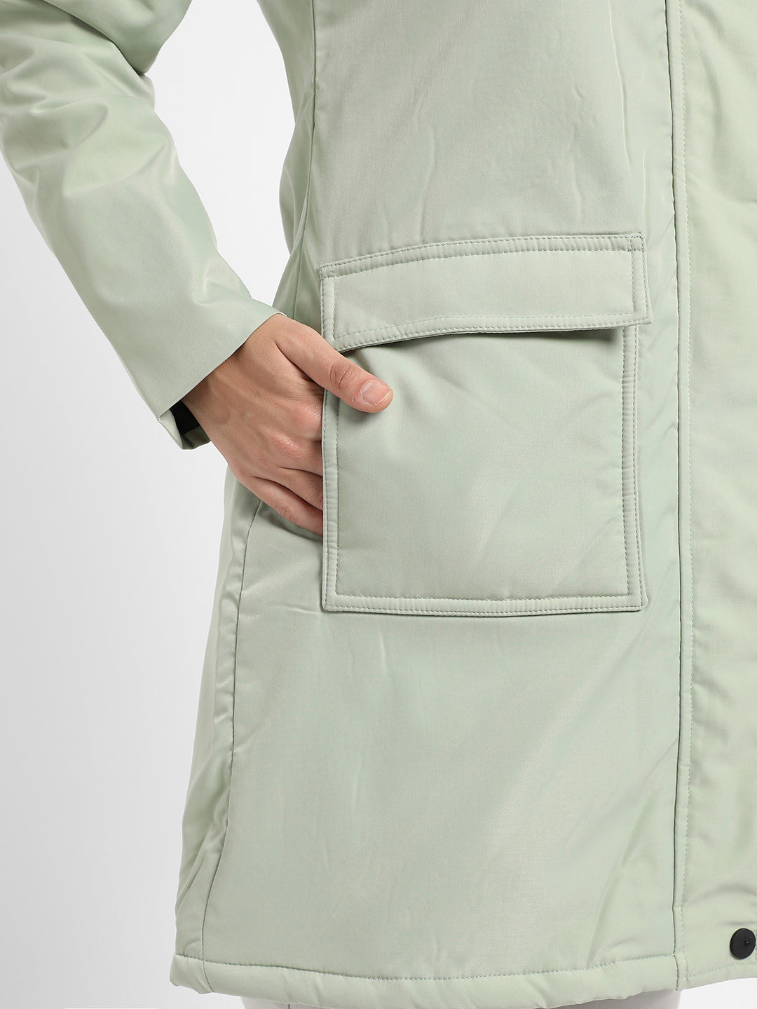 Sage Green Long Puffer Jacket With Fur Detail