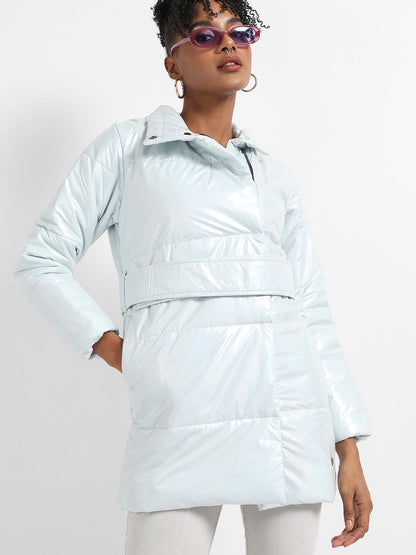 Metallic Belted Long Puffer With Tie-Up Waist