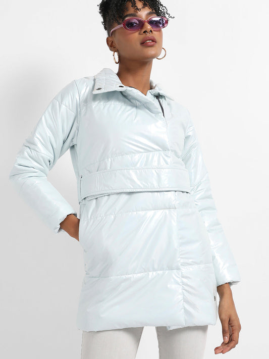 Metallic Belted Long Puffer With Tie-Up Waist