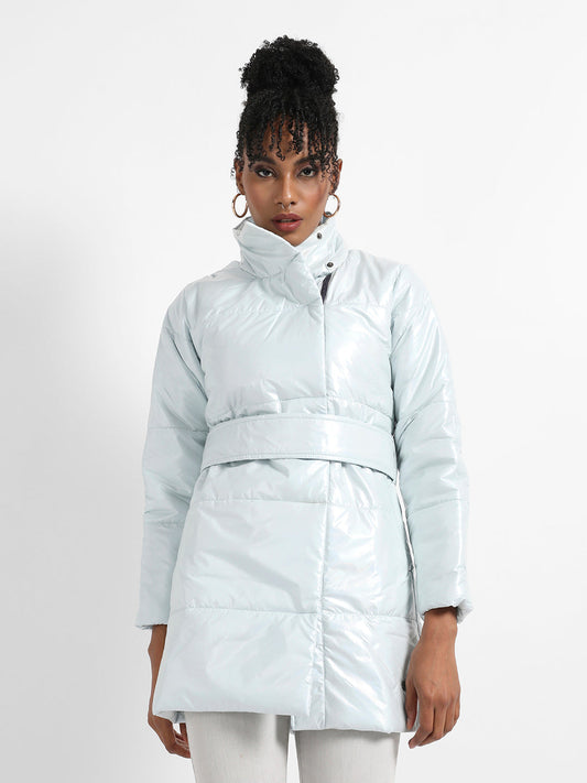 Metallic Belted Long Puffer With Tie-Up Waist