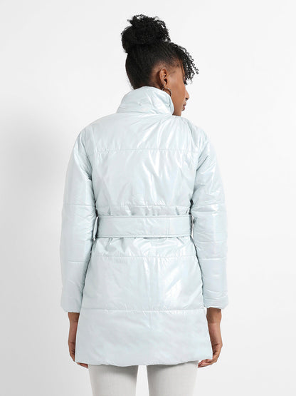 Metallic Belted Long Puffer With Tie-Up Waist