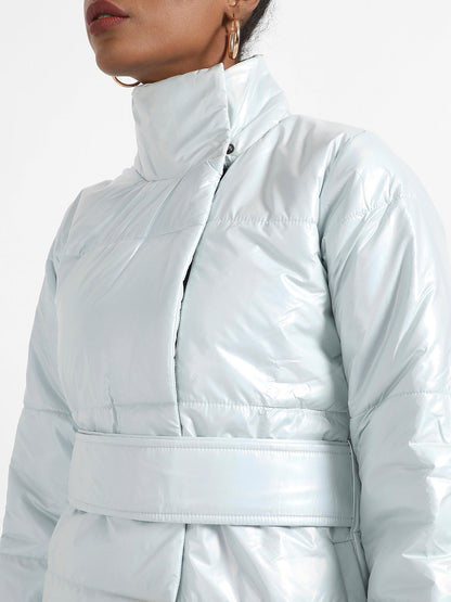 Silver Metallic Belted Long Puffer With Tie-Up Waist
