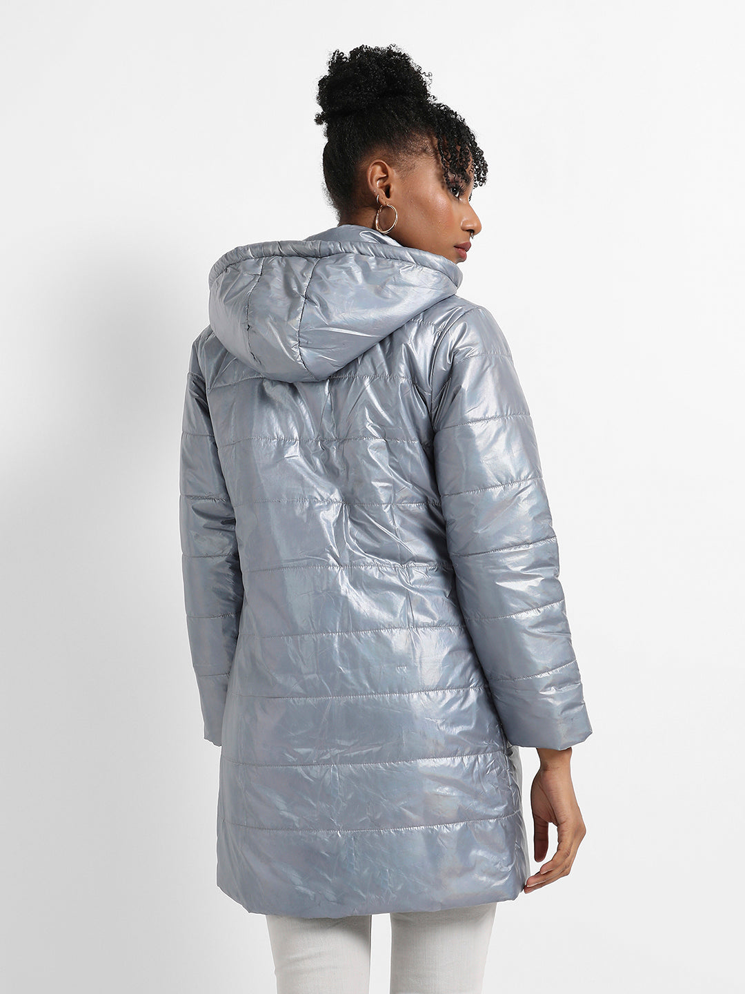 Metallic Quilted Puffer Jacket With Zip Closure