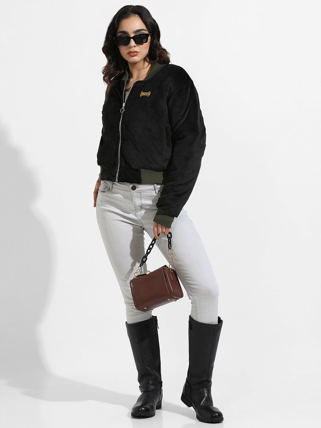 Zip-Front Bomber Jacket With Contrast Hem