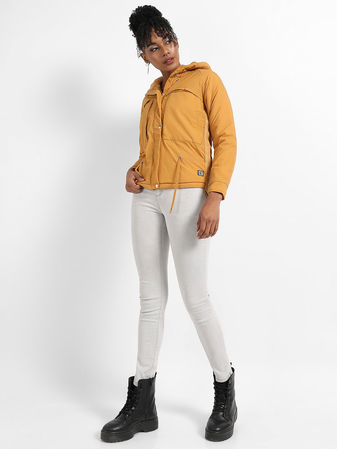 Solid Puffer Jacket With Tie-Up Details