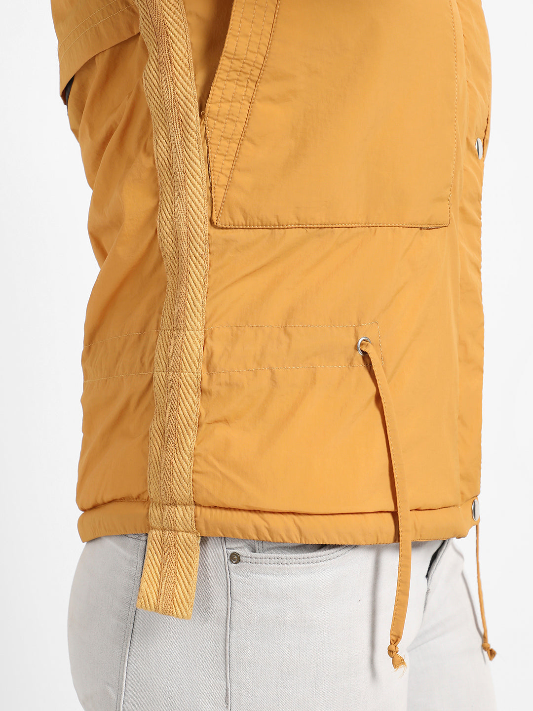 Yellow Solid Puffer Jacket With Tie-Up Details