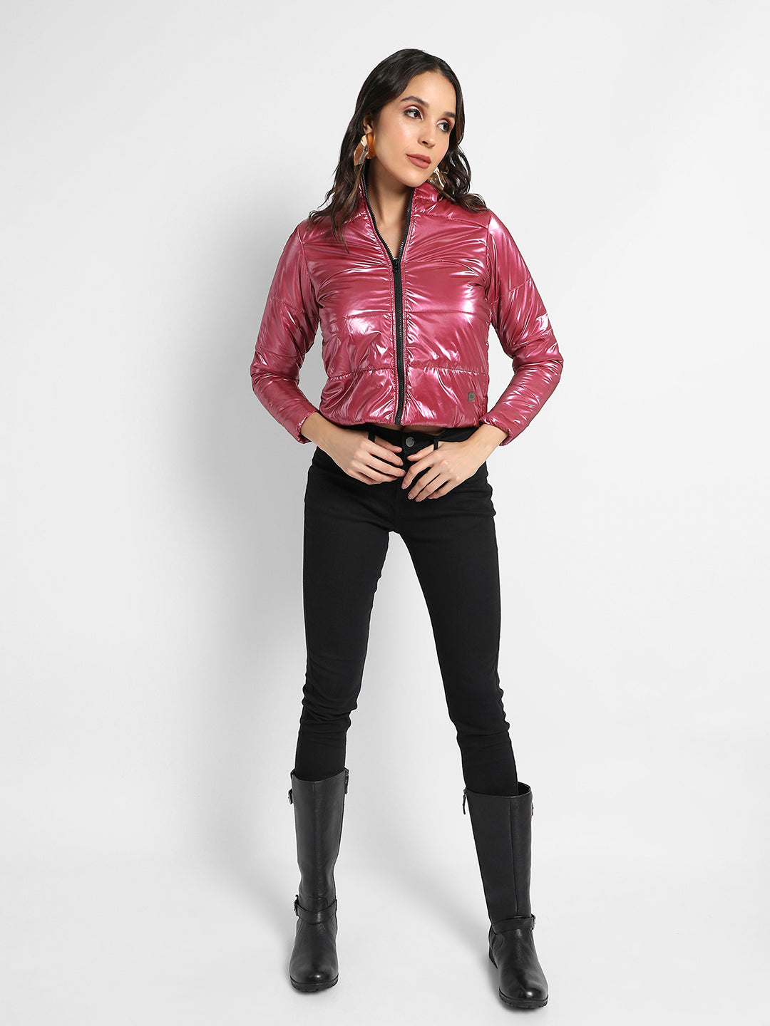 Solid High-Neck Quilted Bomber Jacket