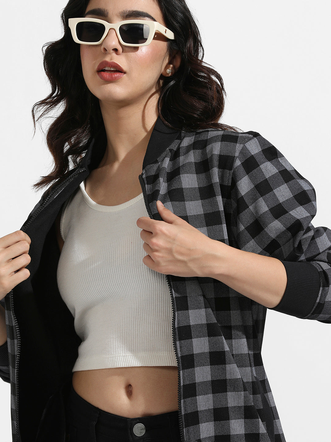 Zip-Front Checkered Jacket With Ribbed Hem