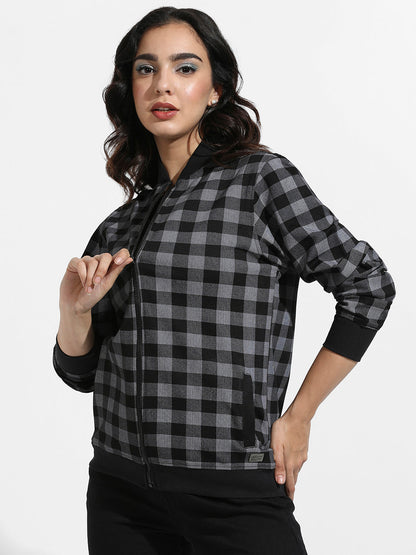 Zip-Front Checkered Jacket With Ribbed Hem