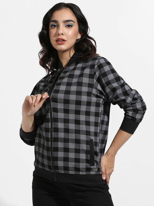 Zip-Front Checkered Jacket With Ribbed Hem