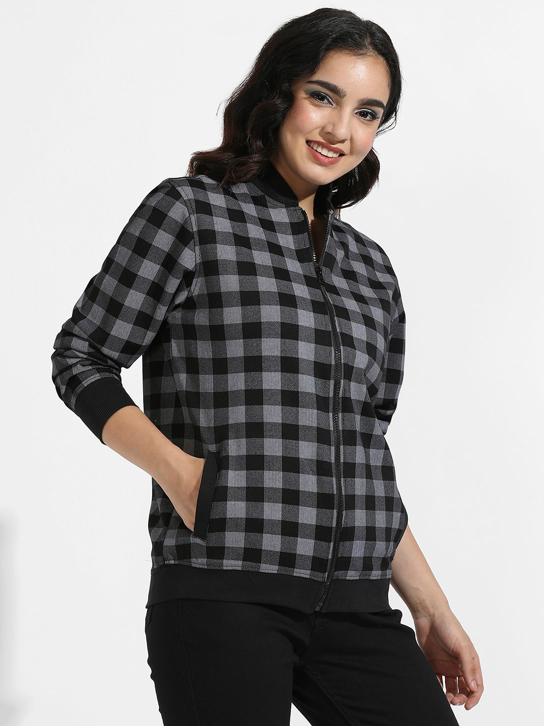 Zip-Front Checkered Jacket With Ribbed Hem