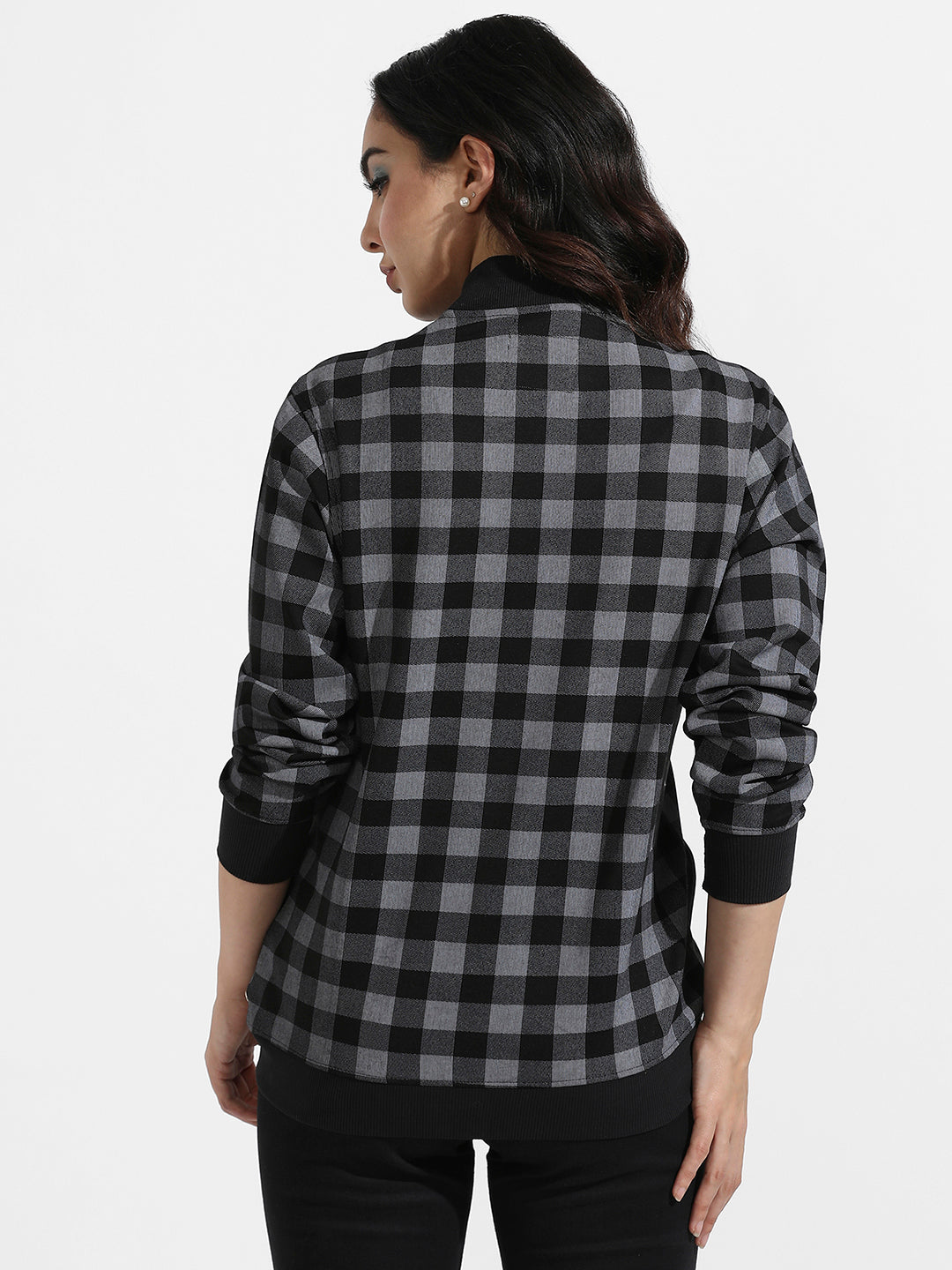 Zip-Front Checkered Jacket With Ribbed Hem