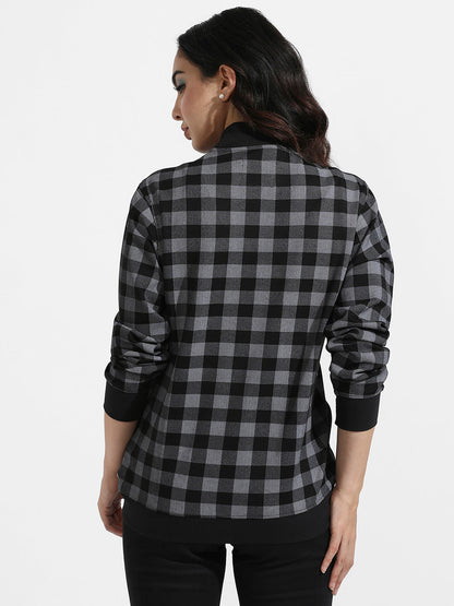 Zip-Front Checkered Jacket With Ribbed Hem
