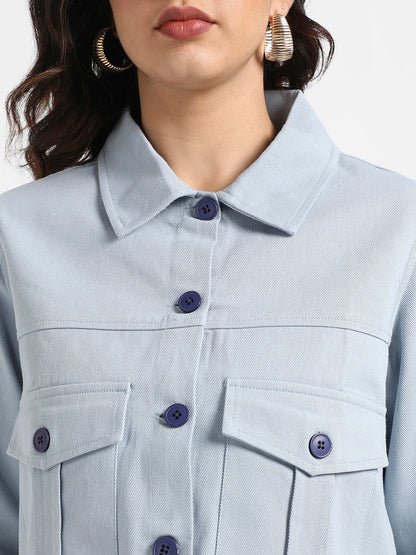 Light Blue Front-Button Jacket With Flap Pockets