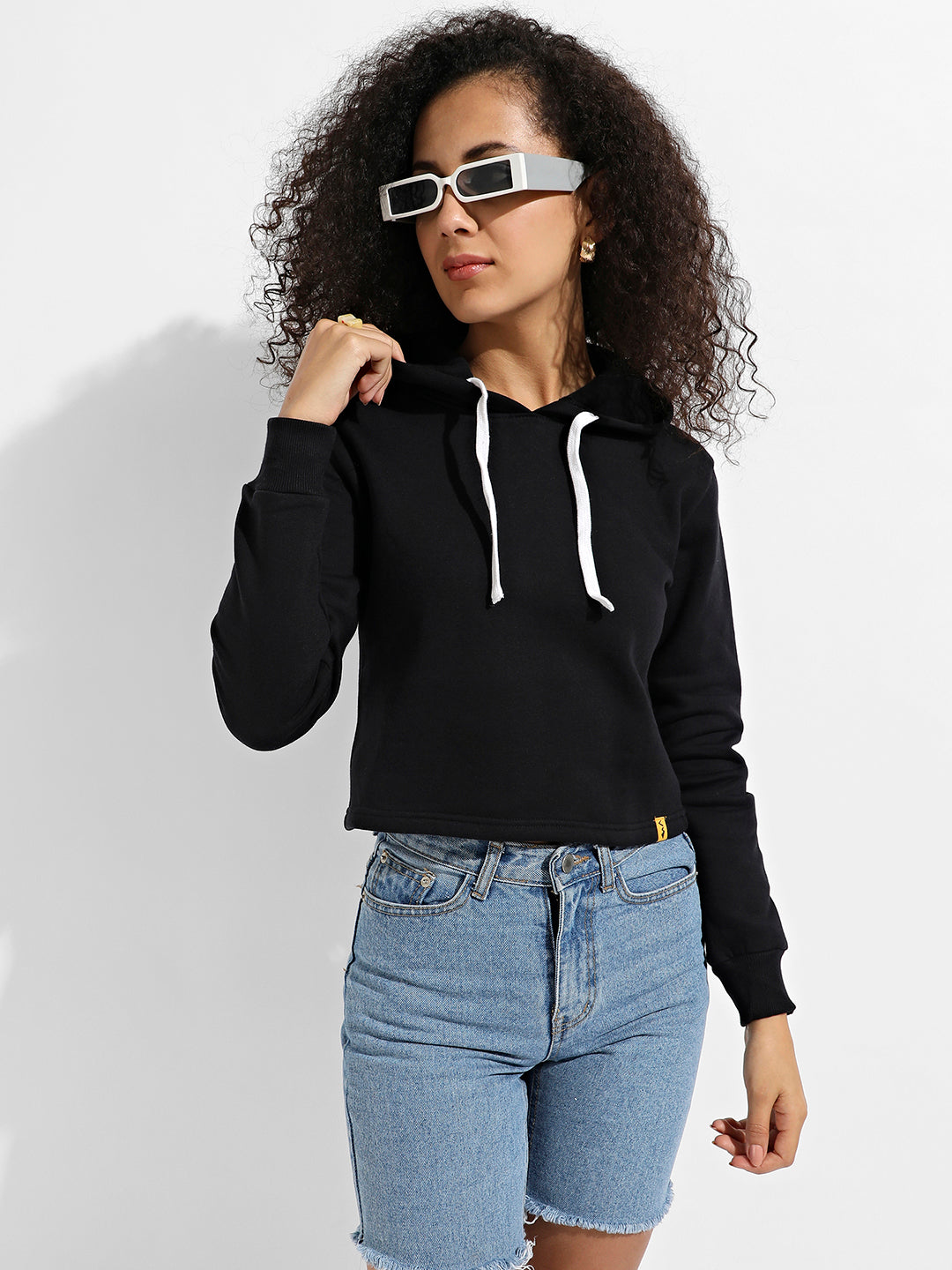 Zip-Front Cropped Hoodie With Contrast Drawstring