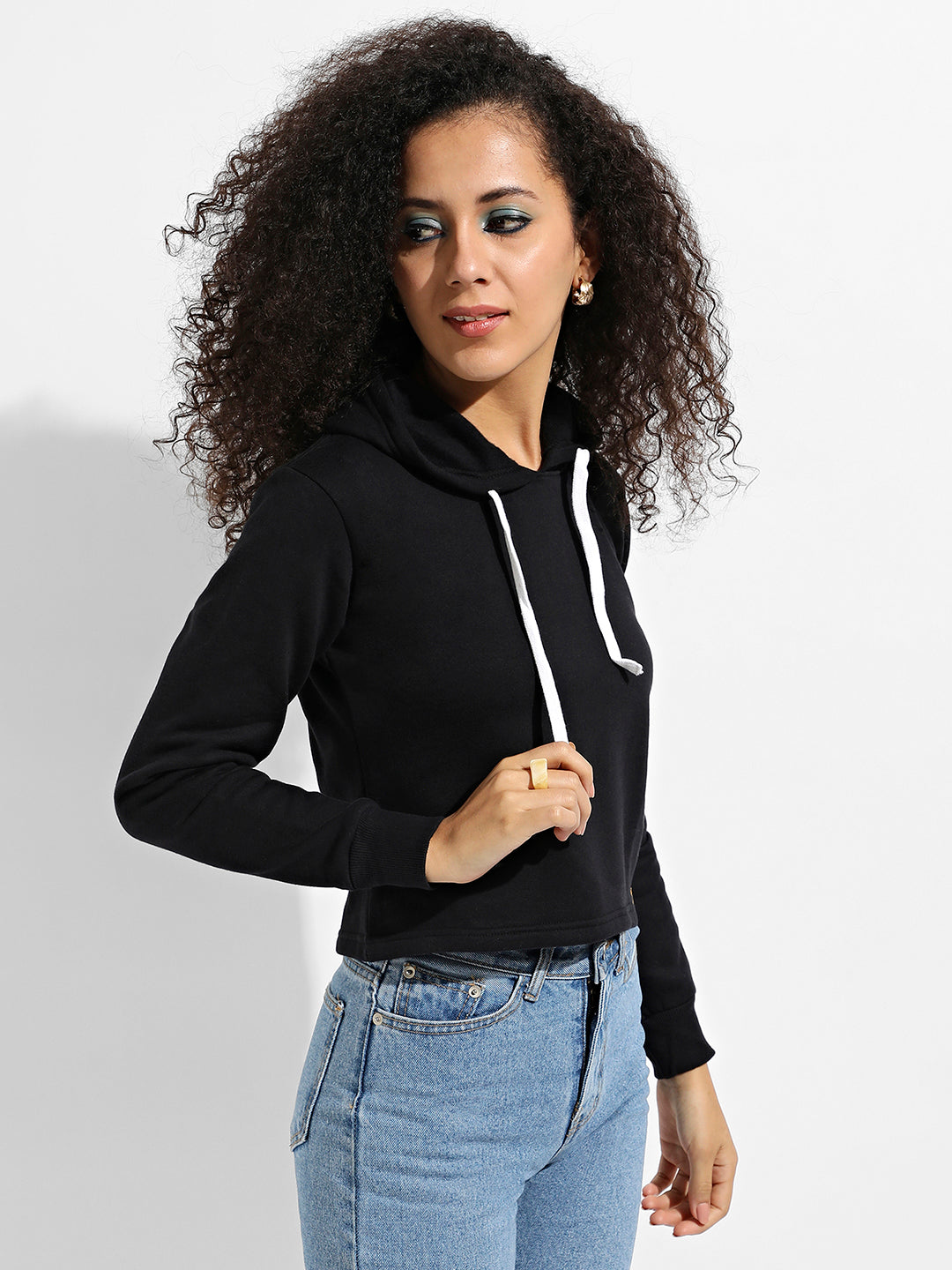 Zip-Front Cropped Hoodie With Contrast Drawstring