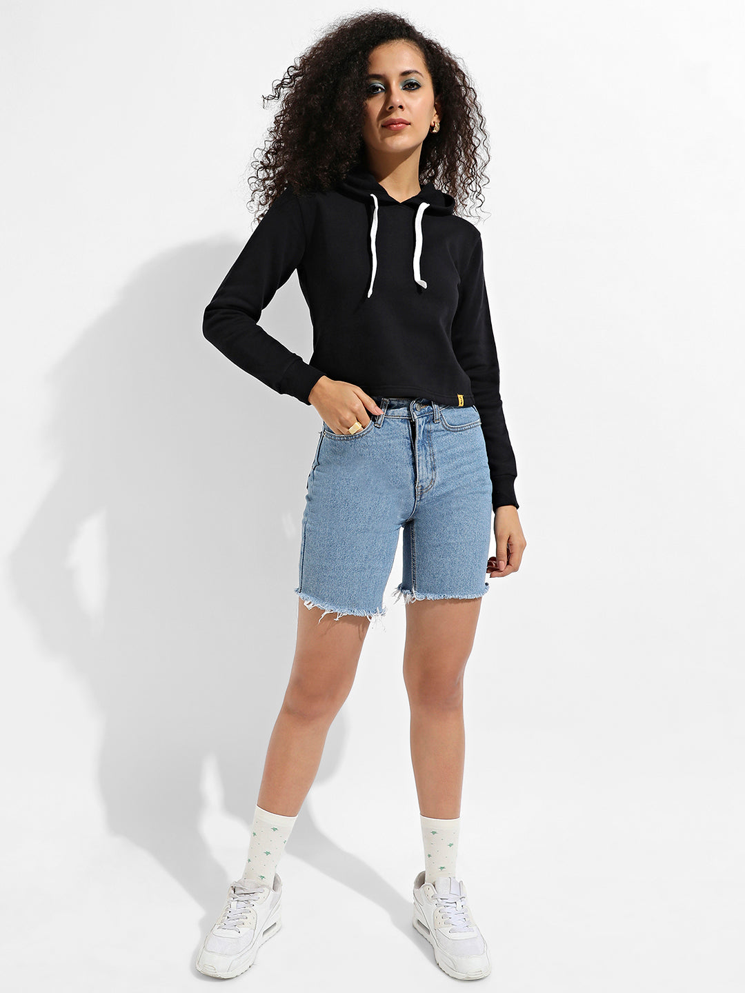 Zip-Front Cropped Hoodie With Contrast Drawstring