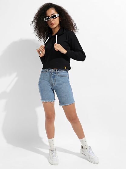 Zip-Front Cropped Hoodie With Contrast Drawstring