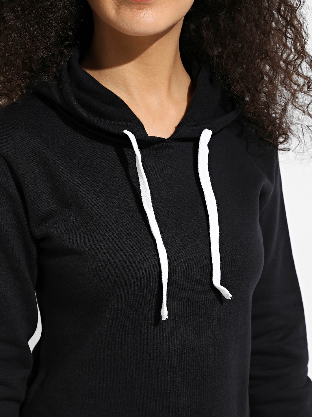 Black Zip-Front Cropped Hoodie With Contrast Drawstring