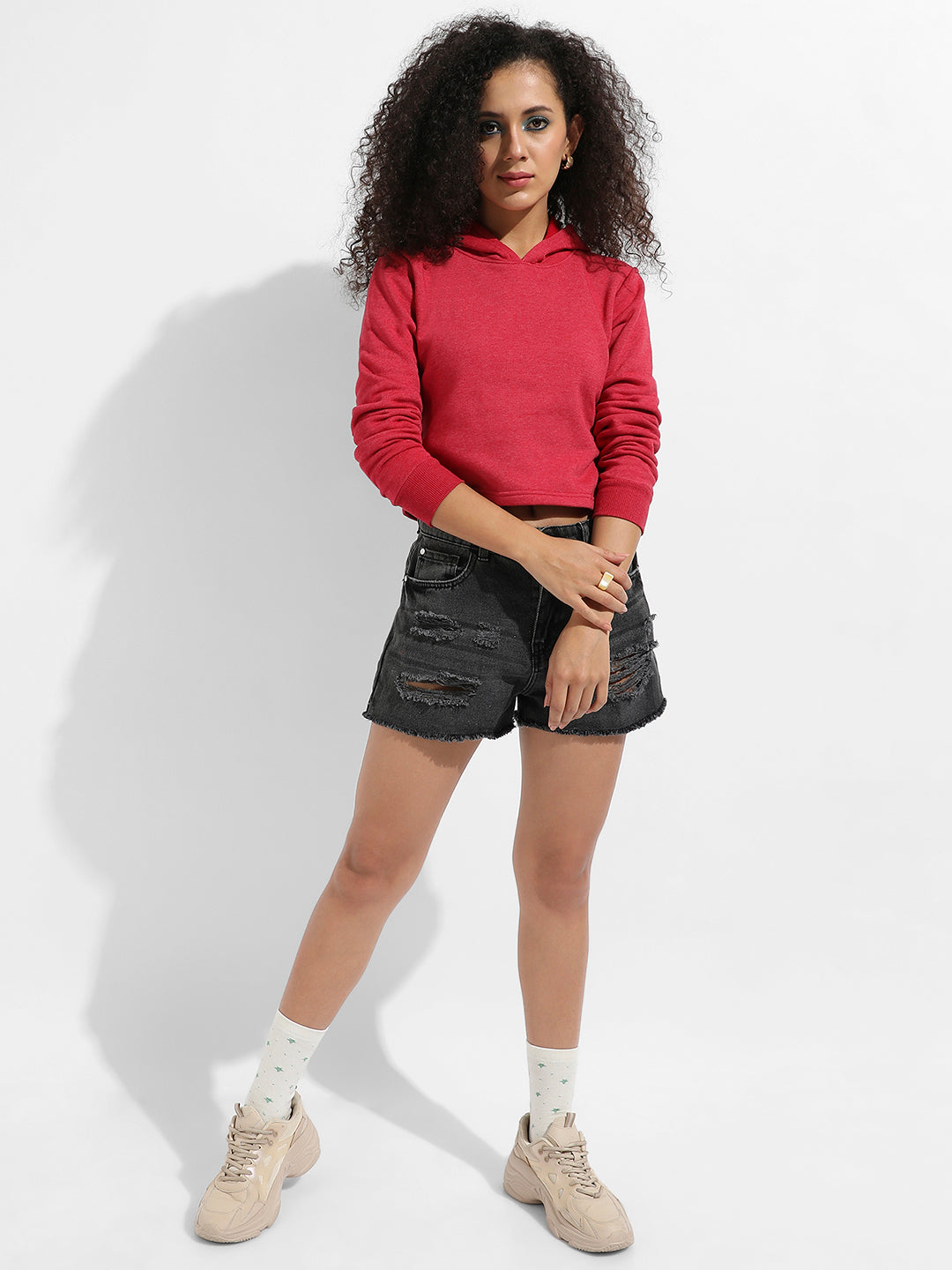 Cropped Hoodie With Contrast Drawstring