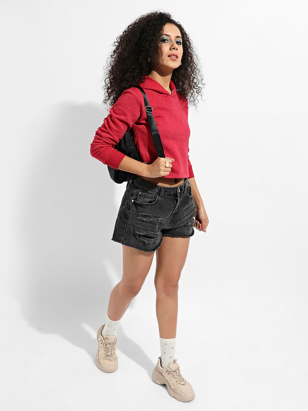 Cropped Hoodie With Contrast Drawstring