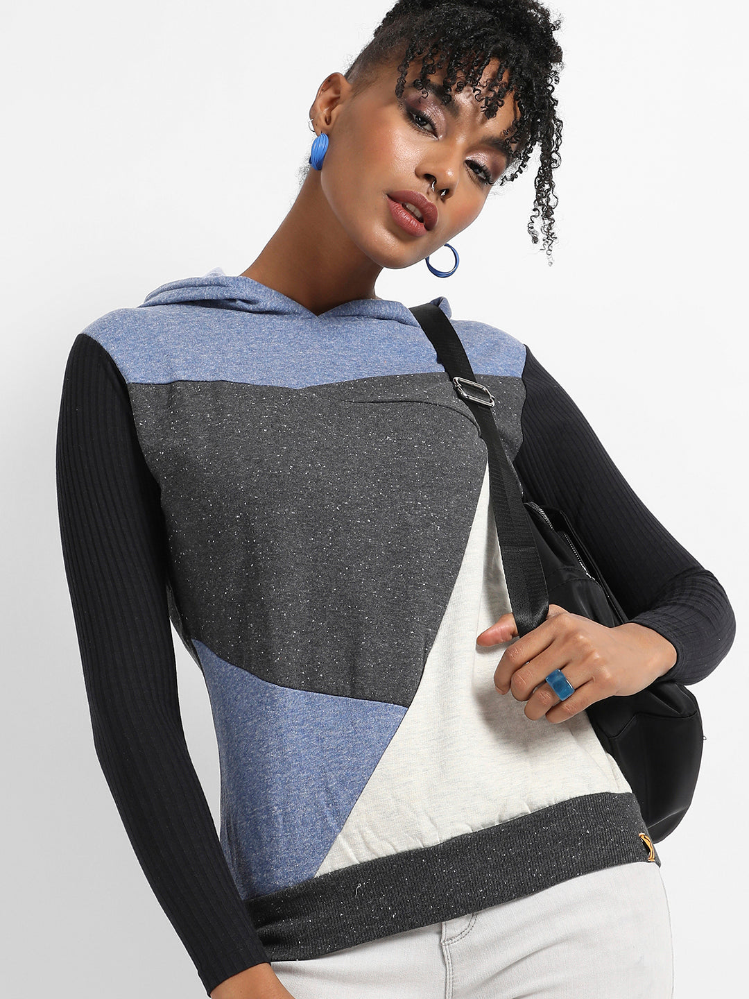 Colourblock Hoodie With Ribbed Sleeves