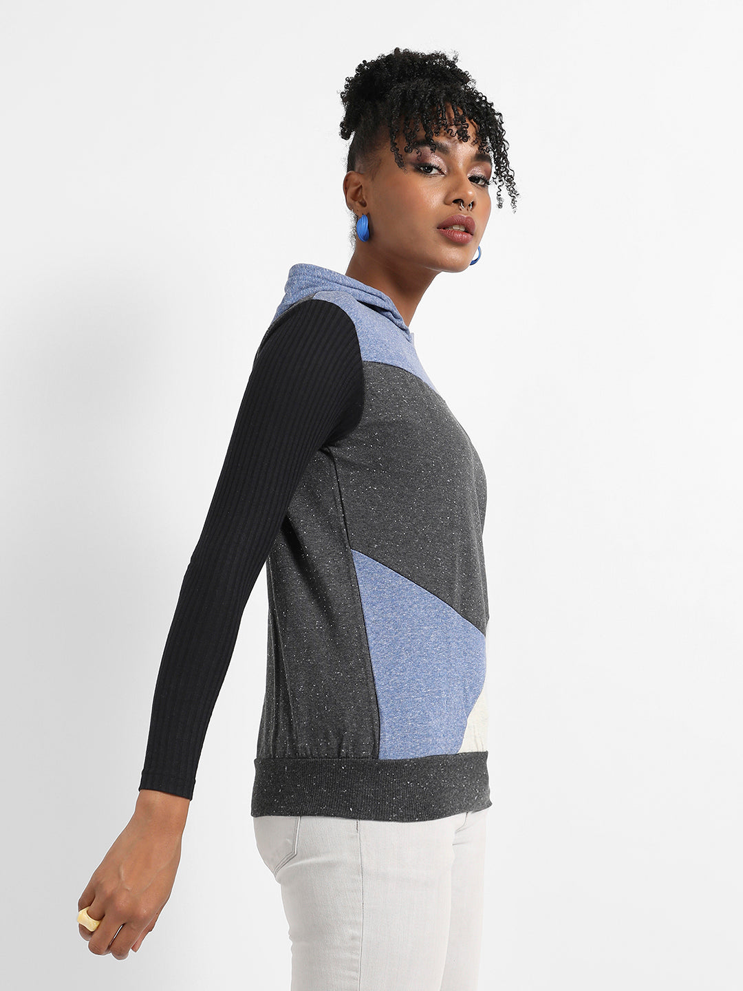 Colourblock Hoodie With Ribbed Sleeves
