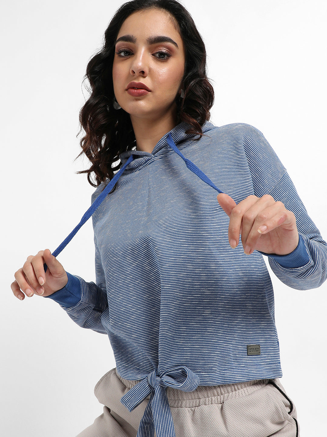 Striped Hoodie With Tie-Up Waist
