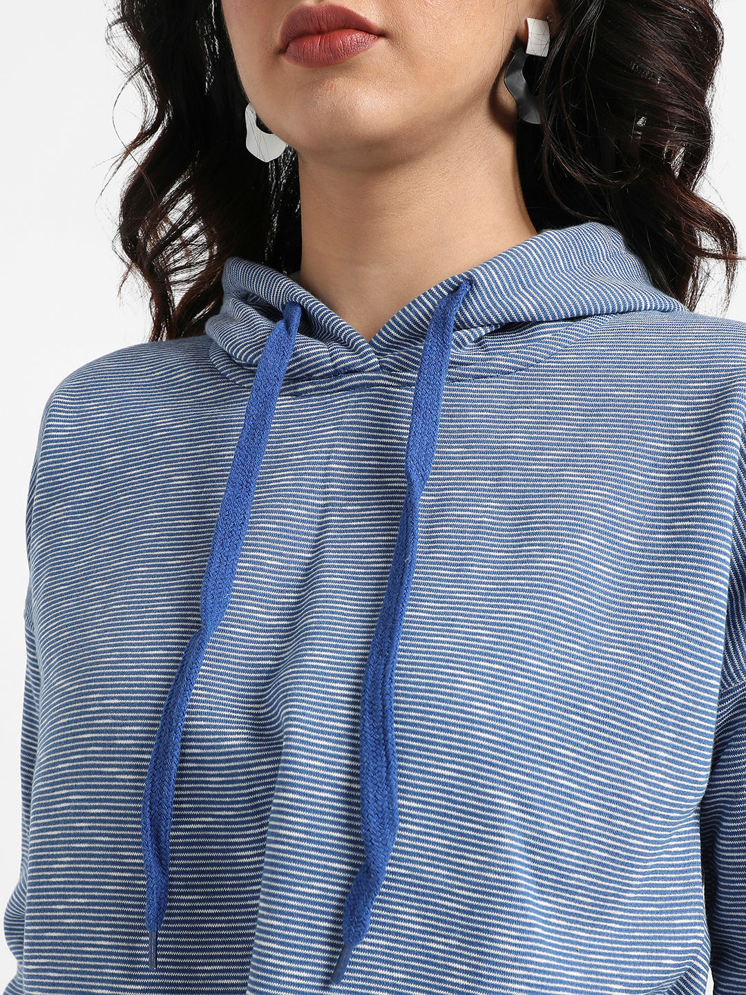 Blue Striped Hoodie With Tie-Up Waist