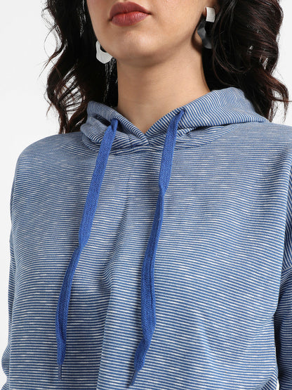 Blue Striped Hoodie With Tie-Up Waist