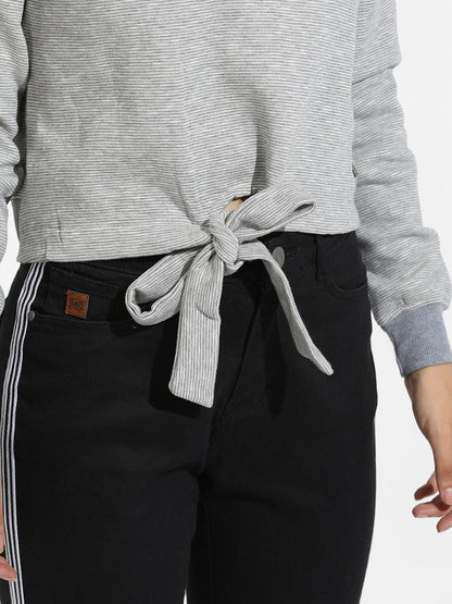 Light Grey Pullover Hoodie With Tie-Up Waist
