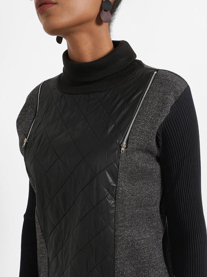 Black Pullover Sweatshirt With Quilted Details