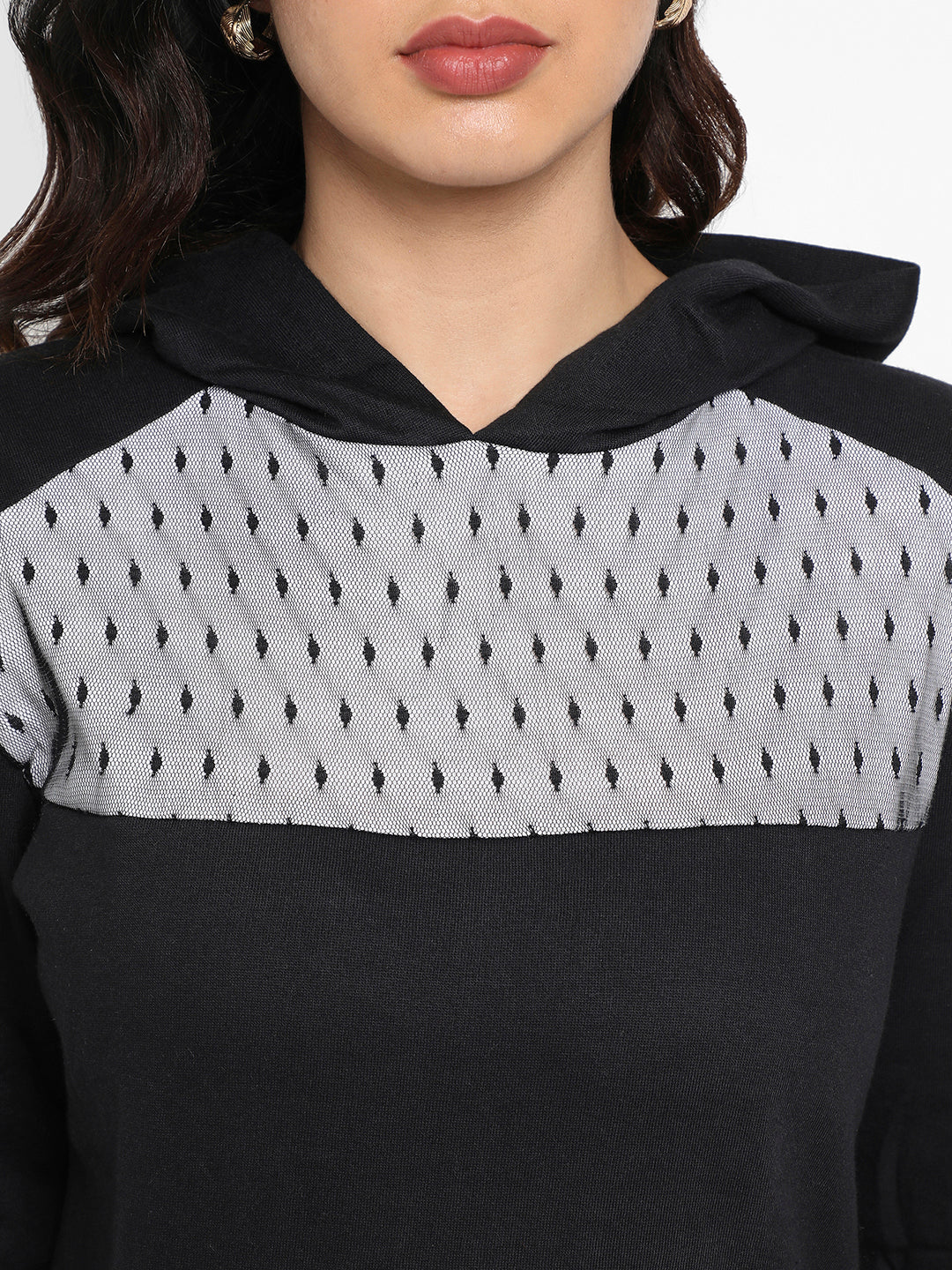 Black Pullover Hoodie With Mesh Details