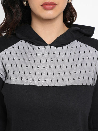 Black Pullover Hoodie With Mesh Details