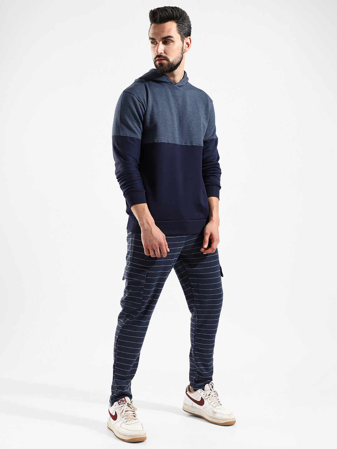 Cotton Navy Blue Colour-Blocked Tracksuit For Casual Wear