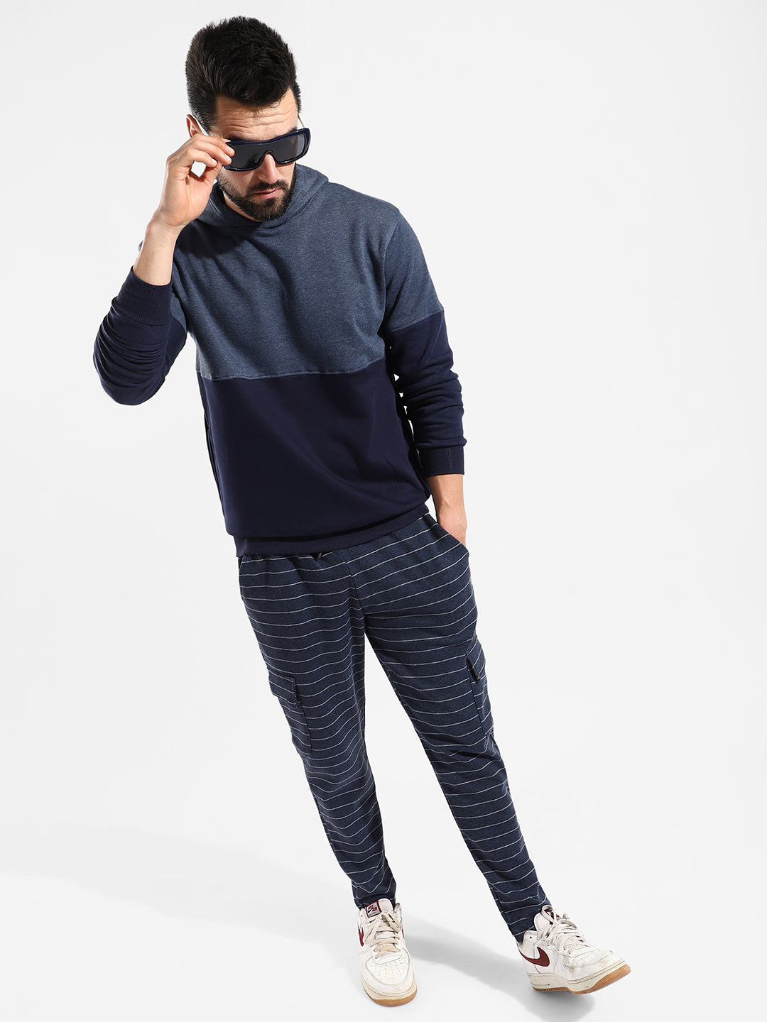 Cotton Navy Blue Colour-Blocked Tracksuit For Casual Wear