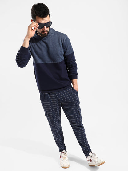 Cotton Navy Blue Colour-Blocked Tracksuit For Casual Wear