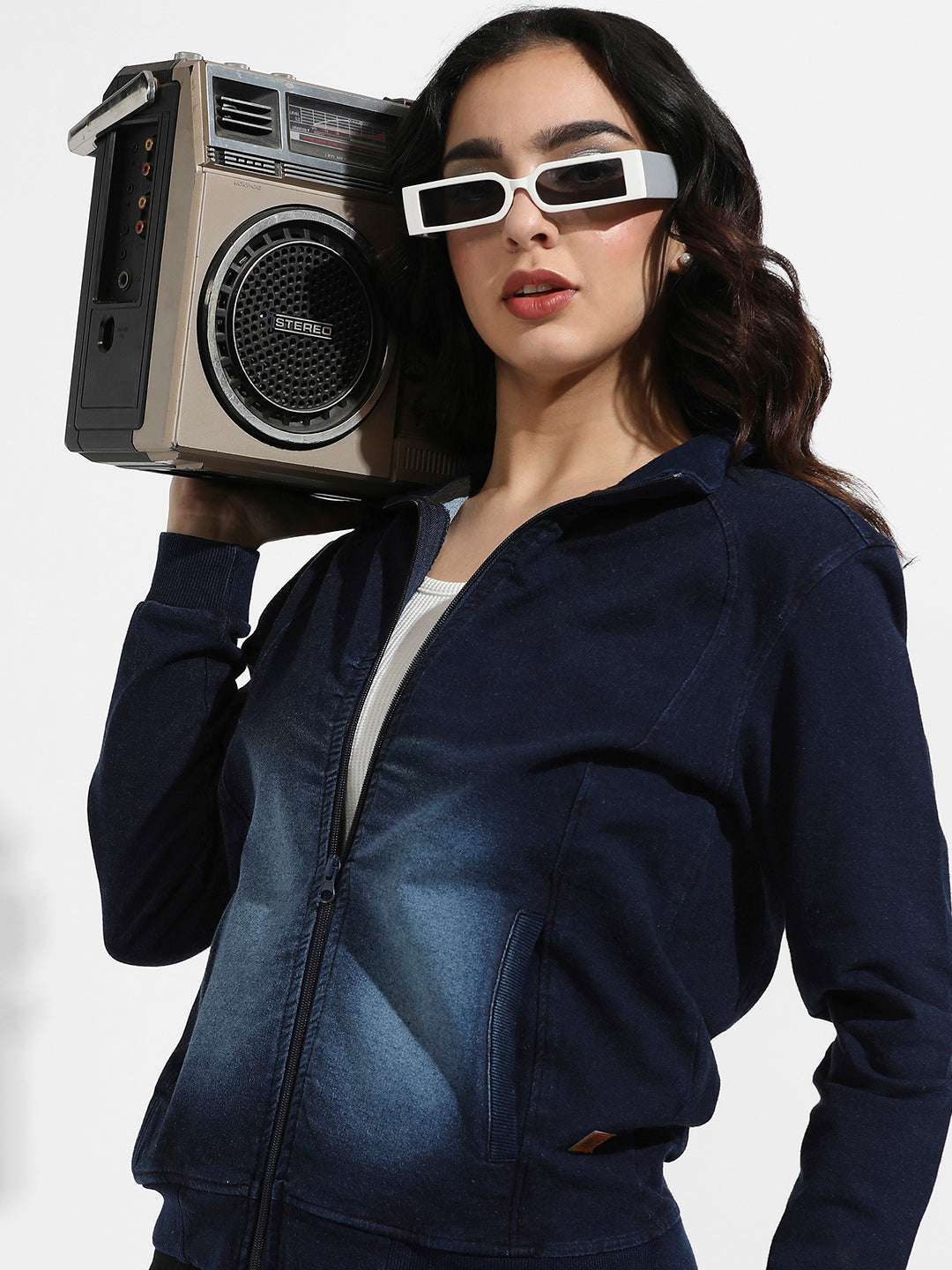 Zip Front Dark-Wash Denim Jacket