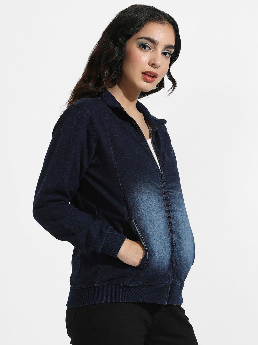 Zip Front Dark-Wash Denim Jacket