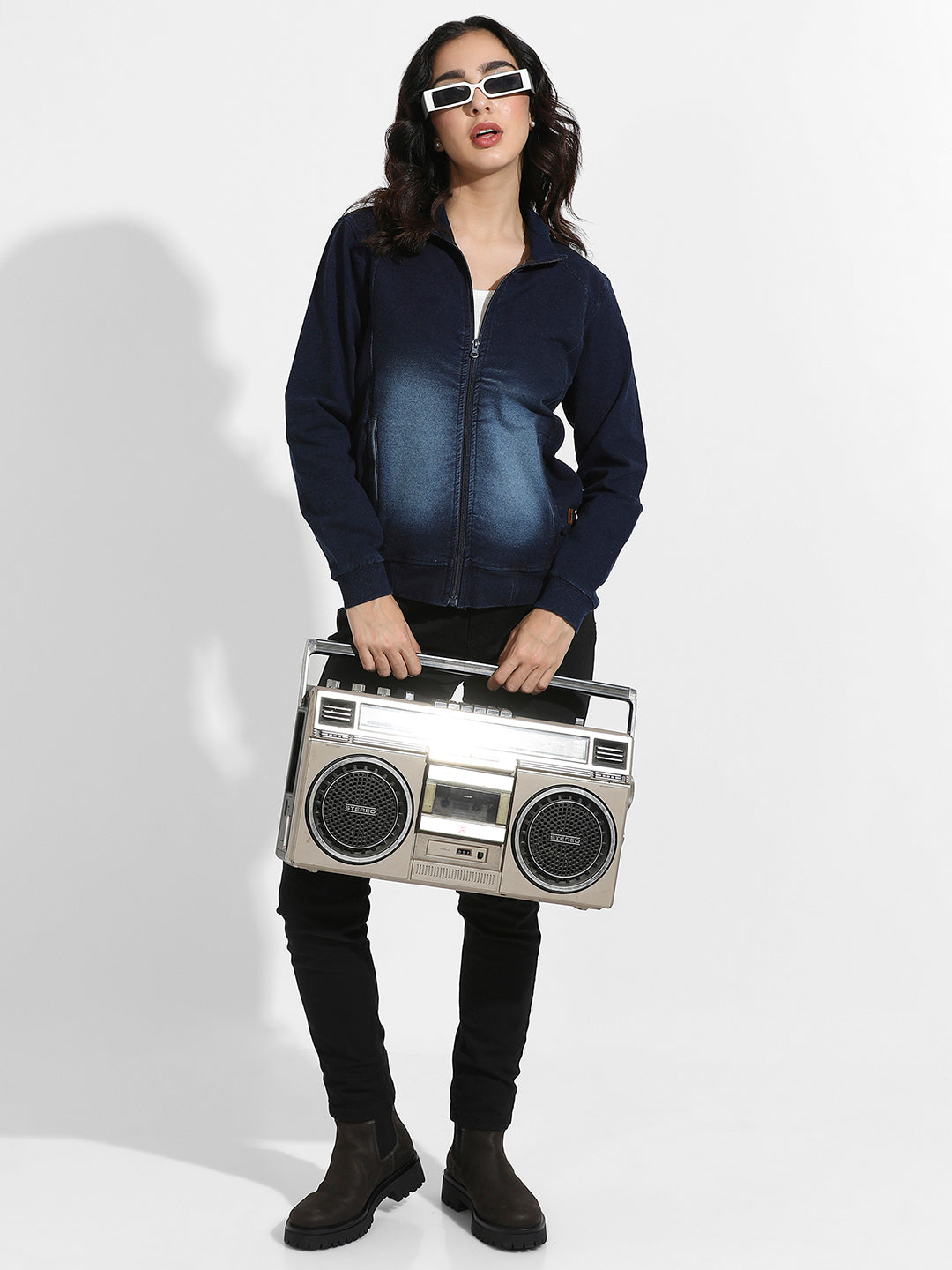 Zip Front Dark-Wash Denim Jacket