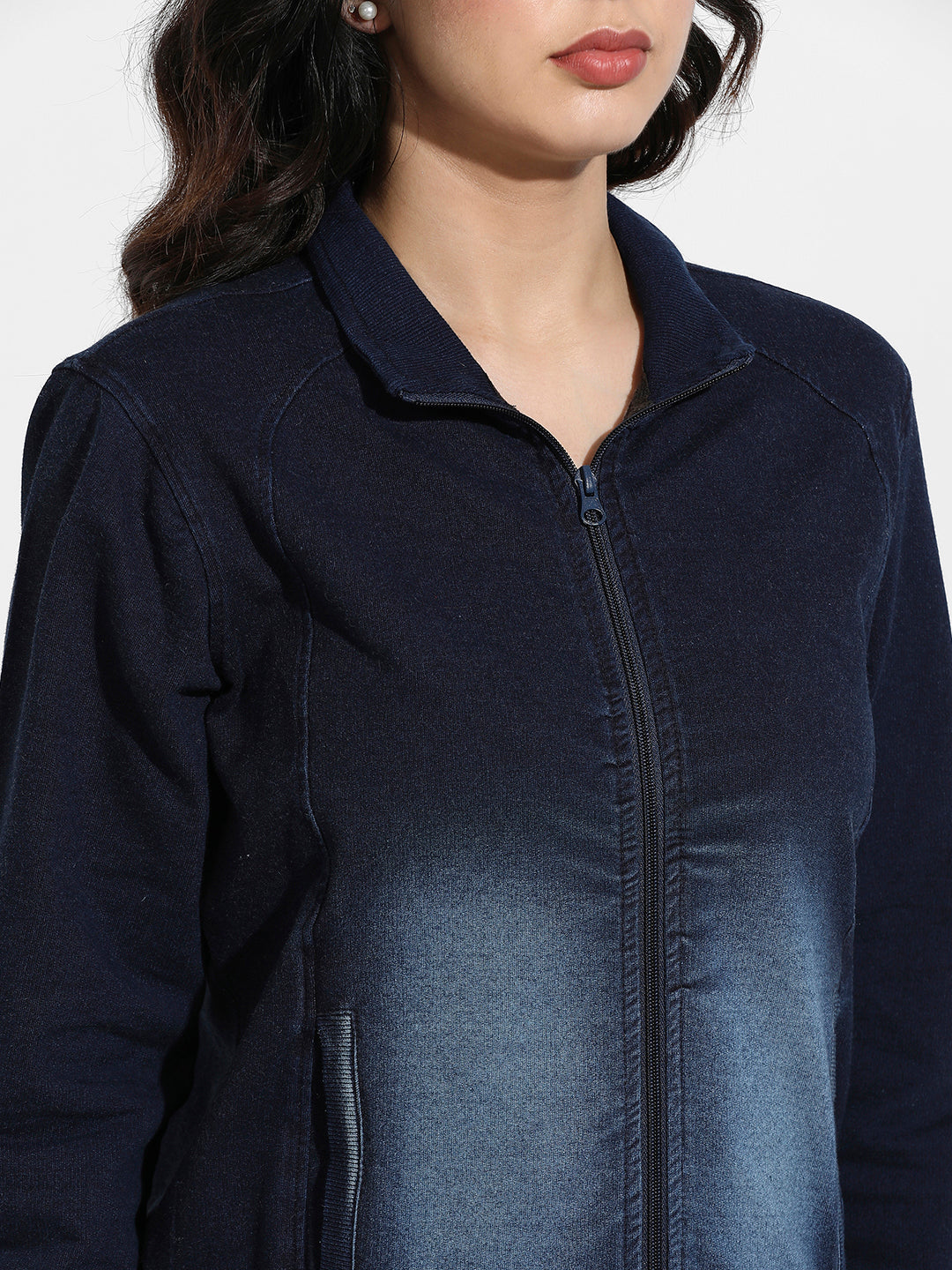 Navy Blue Zip Front Dark-Wash Denim Jacket